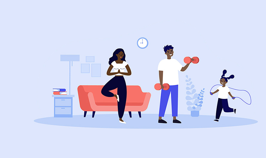 Illustration of kids exercising at home together.